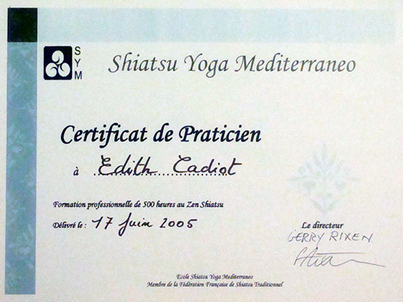 Certificat - Edith ANAHORY - Shiatsu Toulouse